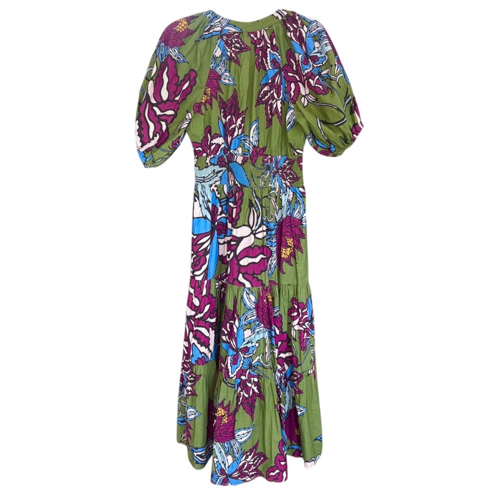 Green Floral Midi Dress with Puff Sleeves - Picture 4 of 16